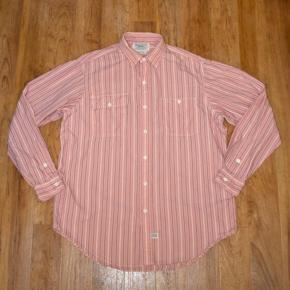 Polo Ralph Lauren Authentic Dungarees Pink Stripe Button Front Shirt‎ Sz LG
